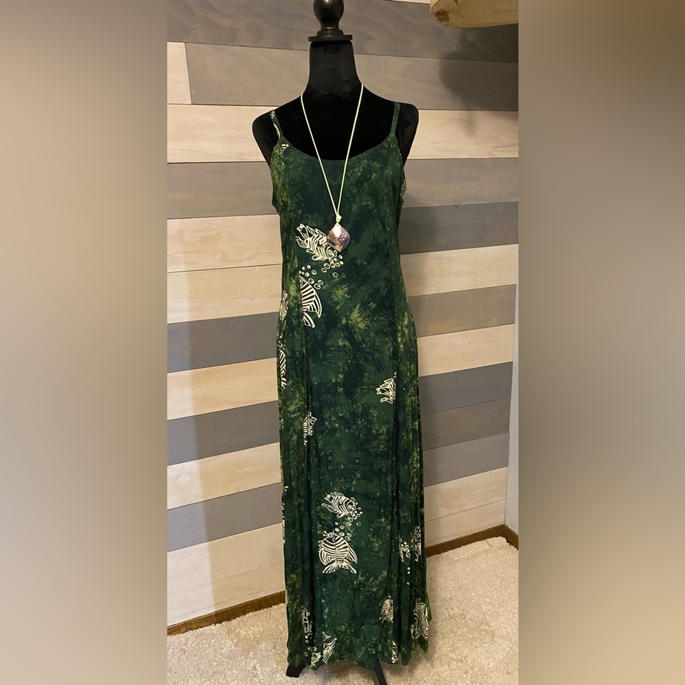 Summer dress, spaghetti straps. Shades of green, white fish. 100% rayon. M